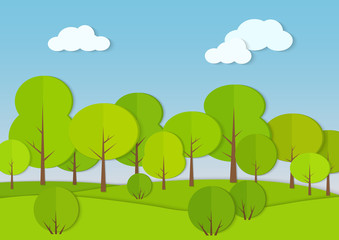 Forest woods cardboard paper landscape. Park green tree with bush Vector illustration.