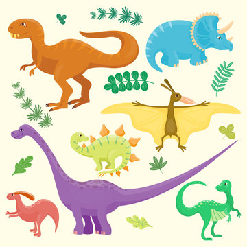 Cartoon dinosaurs vector illustration isolated monster animal dino prehistoric character reptile predator jurassic fantasy dragon leaf