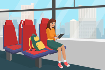Young woman with backpack browsing tablet in the public vehicle or train vector illustration.