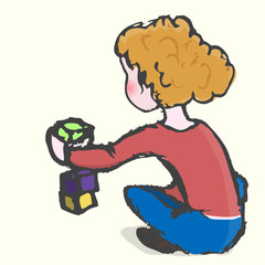 girl plays cubes. hand drawn illustration.