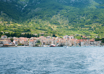 Fototapeta premium Beautiful view of the seashore from yacht. Traveling, yachting, vacation concept.