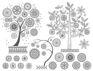 ornament treesThe leaves and ornamental circles on the tree vector illustration. Aztecs Mayan ancient civilizations ornaments.