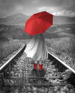 Girl with a red umbrella on the tracks. Lost teddy bear. Digital illustration with soft oil painting style.