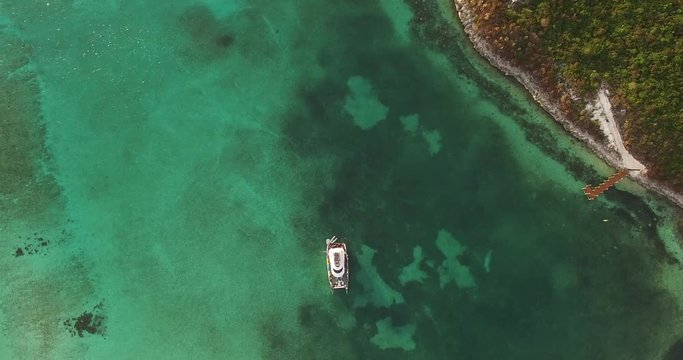 Top View of Yacht on a Coral Reef in Bahamas