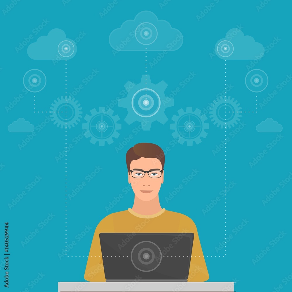 Leinwandbilder Man big data software engineer programmer with laptop concept with cloud data optimization solutions.