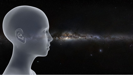 profile of a beautiful young Caucasian girl in front of the Milky Way (conceptual 3d illustration)