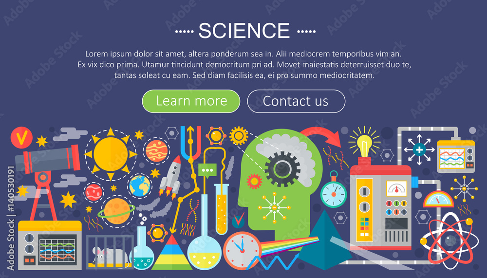 Poster Flat design concept of science. Horizontal banner with scientist workplaces. Scientific research experiment infographics template design, web header icons elements.Vector illustration.