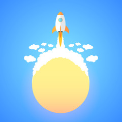 Rocket and the space. Rocket launch from sun. Concept.  Start up, business and promotion for success.