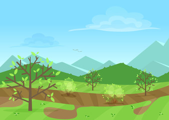 The peaceful green landscape with mountains and plants vector illustration.