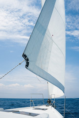 Obraz premium Beautiful yacht in open sea. Traveling, yachting, sailing concept.