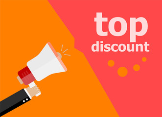 top discount. Hand holding a megaphone. flat style