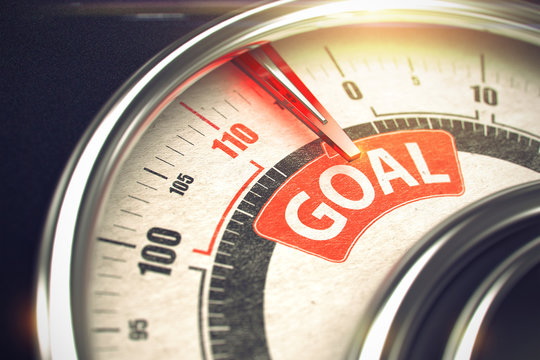 Goal - Caption on the Conceptual Gauge with Red Needle. 3D.
