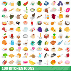 100 kitchen icons set, isometric 3d style