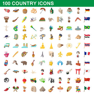 100 country icons set, cartoon style
