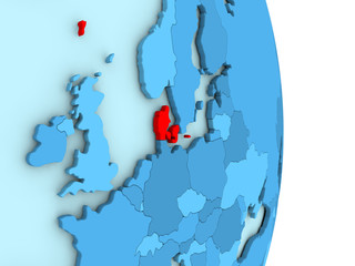 Denmark on blue political globe