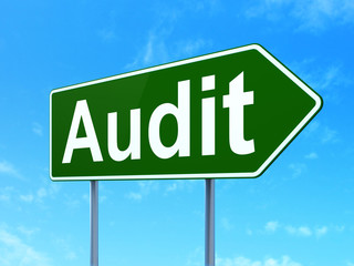 Business concept: Audit on road sign background