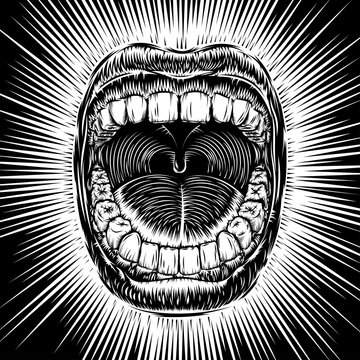 Open screaming mouth with teeth; Shouting singing yawning mouth; Jaw drop; T-shirt print design from vintage tribal tattoo in ink hand drawing style; Vector monochrome black and white background Eps8