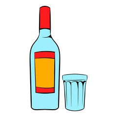 Bottle of vodka and glass icon cartoon