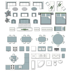Set top view for interior icon 
design. Elements for living room, 
bedroom, kitchen, bathroom. Floor 
plan. Furniture store. Vector 
Illustration.
