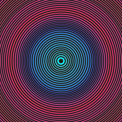 Colorful dark hypnotic illustration. Multiple outline circles. Concentric round geometric composition. Symmetric ellipses of different color, radius and weight of line. Element of design.