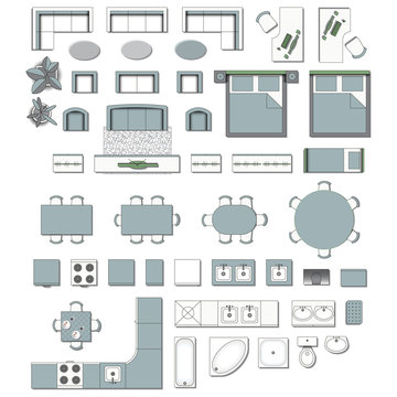 Set top view for interior icon 
design. Elements for living room, 
bedroom, kitchen, bathroom. Floor 
plan. Furniture store. Vector 
Illustration.
