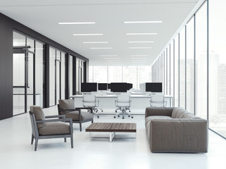 Office interior with workspaces. 3d rendering