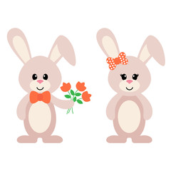 cartoon bunny girl and boy with flowers