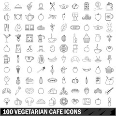 100 vegetarian cafe icons set, outline style