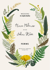 The wreath of ferns leaves. Wedding invitation in the style of boho. Vector botanical vintage illustration. Colorful