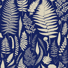 Seamless pattern. Ferns. Vintage vector botanical illustration. Blue © OlgaKorneeva