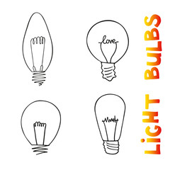 Naklejka premium Light bulbs icon set. concept of big ideas inspiration, innovation, invention, effective thinking. CFL lamp. Isolated. Vector illustration. Idea symbol. Vector. sketch . Hand-drawn doodle sign. 