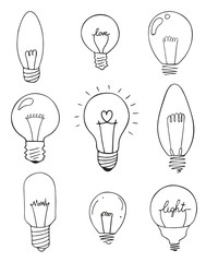 Light bulbs icon set. concept of big ideas inspiration, innovation, invention, effective thinking. CFL lamp.  Isolated. Vector illustration.  Idea symbol. Vector. sketch . Hand-drawn doodle sign. 