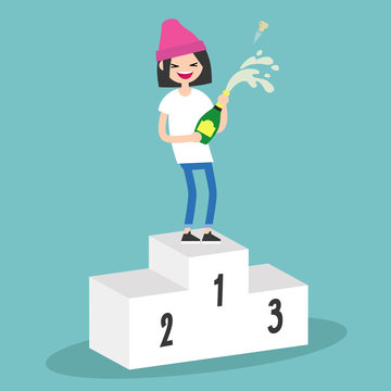 Young girl standing on the pedestal and opening a bottle of champagne. Opened champagne sprayed. Celebration concept. / flat editable vector illustration