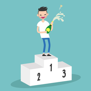 Young bearded man standing on the pedestal and opening a bottle of champagne. Opened champagne sprayed. Celebration concept. / flat editable vector illustration