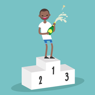 Young black man standing on the pedestal and opening a bottle of champagne. Opened champagne sprayed. Celebration concept. / flat editable vector illustration
