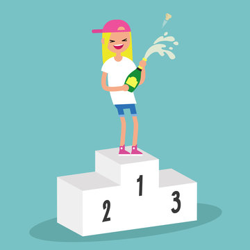 Young blond girl standing on the pedestal and opening a bottle of champagne. Opened champagne sprayed. Celebration concept. / flat editable vector illustration