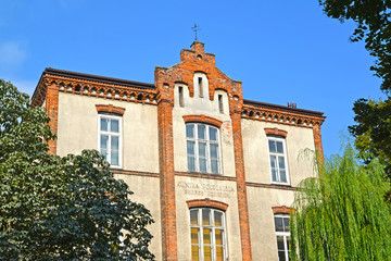 WARSAW, POLAND. Building of clinic of obstetrics and gynecology. Polish text 