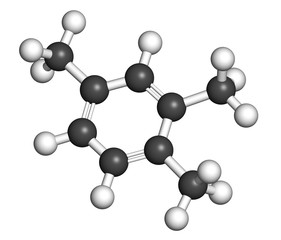 Obraz premium Pseudocumene (1,2,4-trimethylbenzene) aromatic hydrocarbon molecule. Occurs in naturally in coal tar and petroleum. 3D rendering. Atoms are represented as spheres.