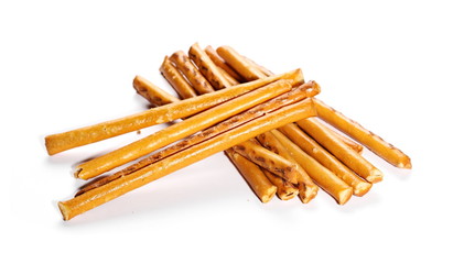 salty cracker pretzel sticks isolated on white background