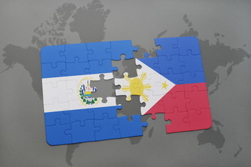 puzzle with the national flag of el salvador and philippines on a world map