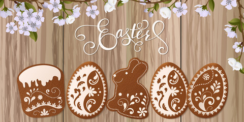 Happy Easter greeting, Gingerbread in the form of eggs. Spring holidays, Easter background. Vector illustration EPS10