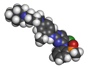 Brigatinib cancer drug molecule. 3D rendering. Atoms are represented as spheres with conventional color coding.