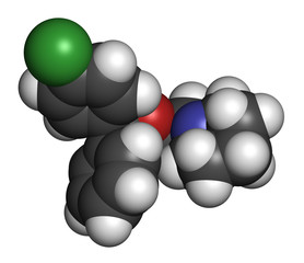 Cloperastine cough suppressant drug molecule. 3D rendering. Atoms are represented as spheres with conventional color coding.