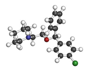 Cloperastine cough suppressant drug molecule. 3D rendering. Atoms are represented as spheres with conventional color coding.