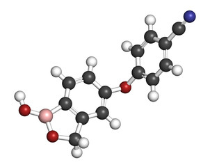 Crisaborole eczema drug molecule (Phosophodiesterase-4 inhibitor). 3D rendering. Atoms are represented as spheres with conventional color coding: hydrogen (white), carbon (grey), etc