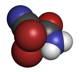 2,2-dibromo-3-nitrilopropionamide (DBNPA) biocide molecule. 3D rendering. Atoms are represented as spheres with conventional color coding.