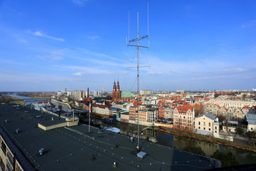 Panorama miasta Opole, widok z wieży Piastowskiej, katedra, rzeka Odra.