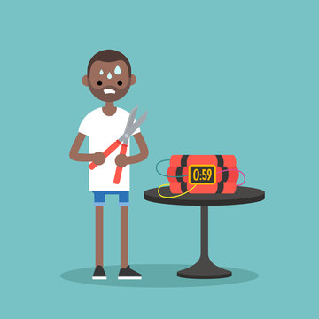 Young anxious black man trying to defuse the bomb / flat editable vector illustration, clip art