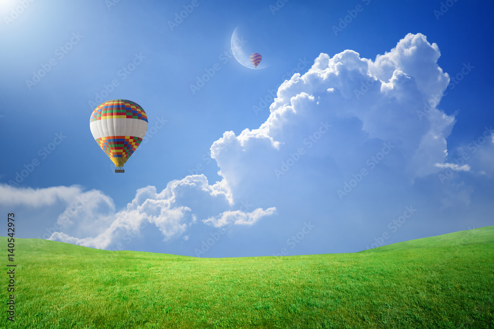 Poster Hot air balloons rise up into blue sky to new moon