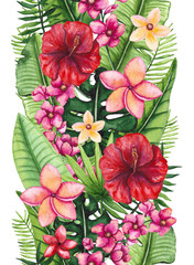 Tropical Seamless Border of Watercolor Flowers and Leaves